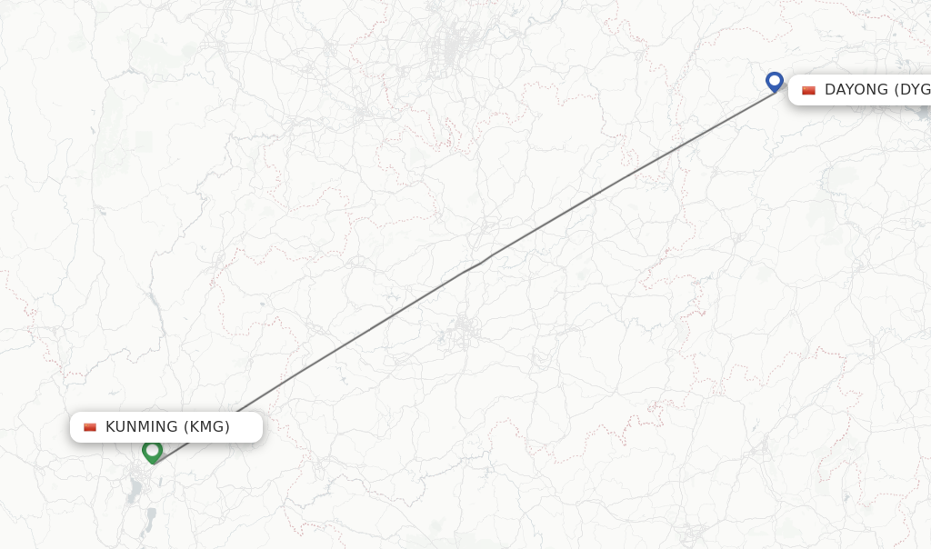 Flights from Kunming to Dayong route map