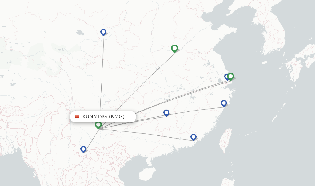 Route map with flights from Kunming with Shanghai Airlines