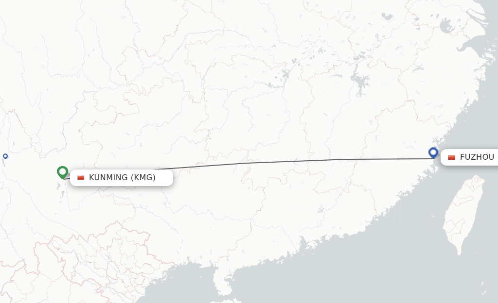 Flights from Kunming to Fuzhou route map