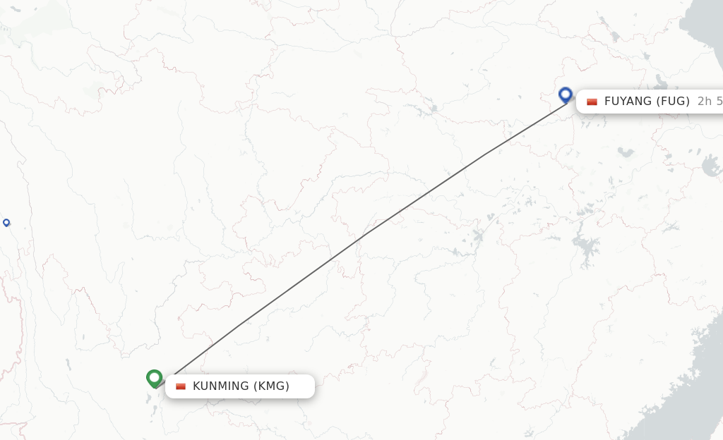 Flights from Kunming to Fuyang route map