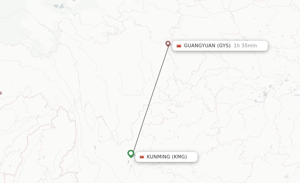 Flights from Kunming to Guangyuan route map