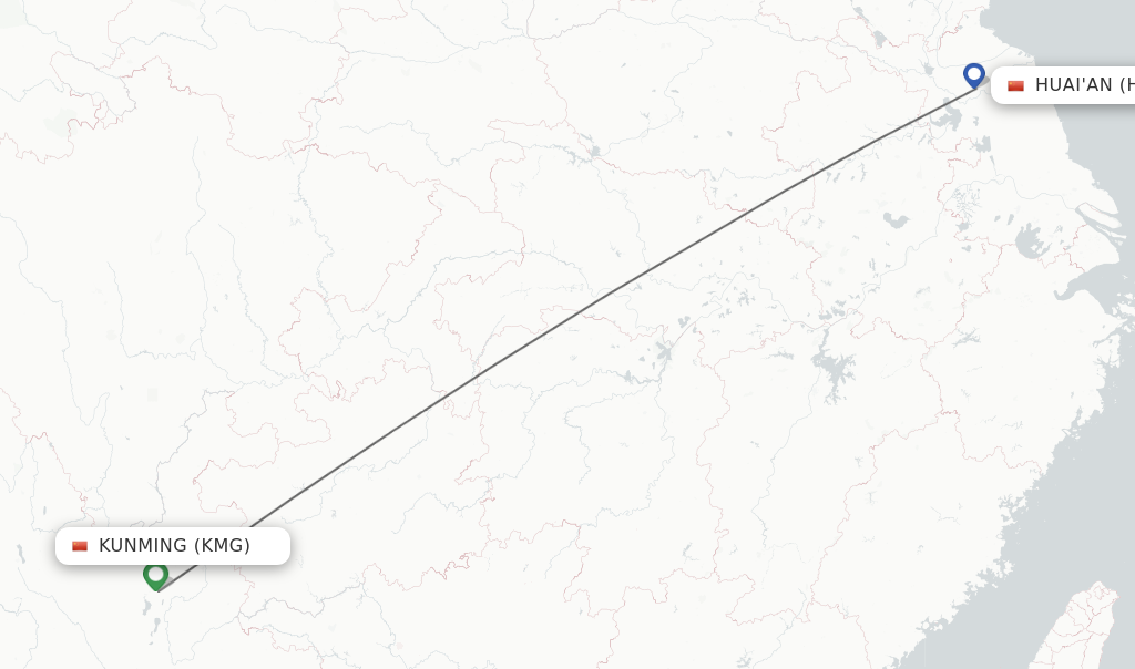 Flights from Kunming to Huai'an route map