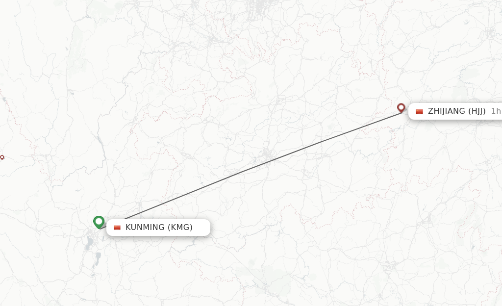 Flights from Kunming to Huaihua route map
