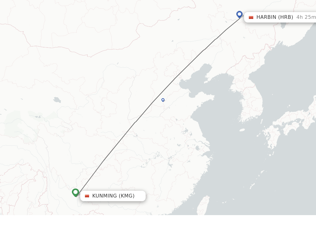 Flights from Kunming to Harbin route map