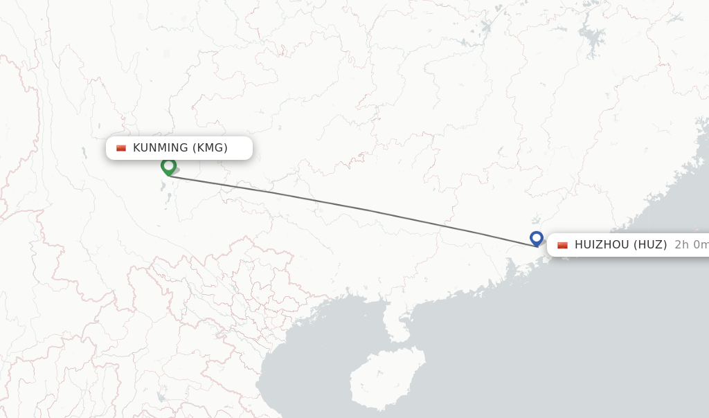 Flights from Kunming to Huizhou route map