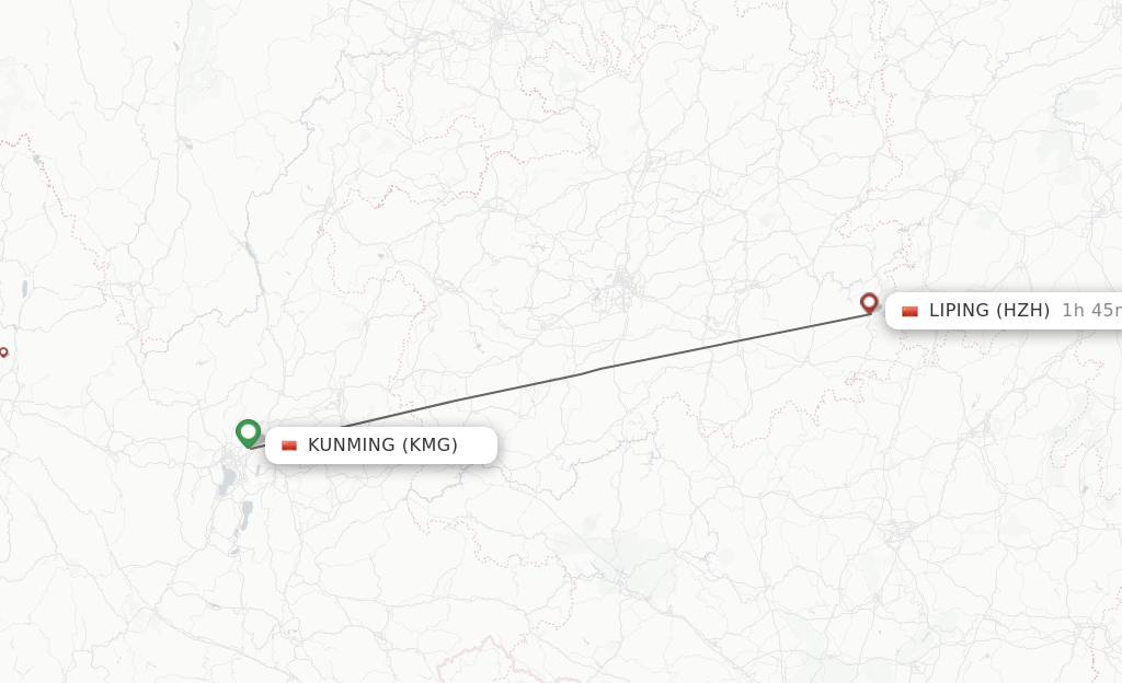 Flights from Kunming to Liping route map