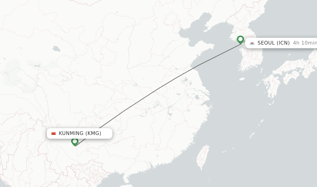 Flights from Kunming to Seoul route map
