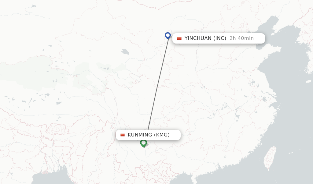 Flights from Kunming to Yinchuan route map