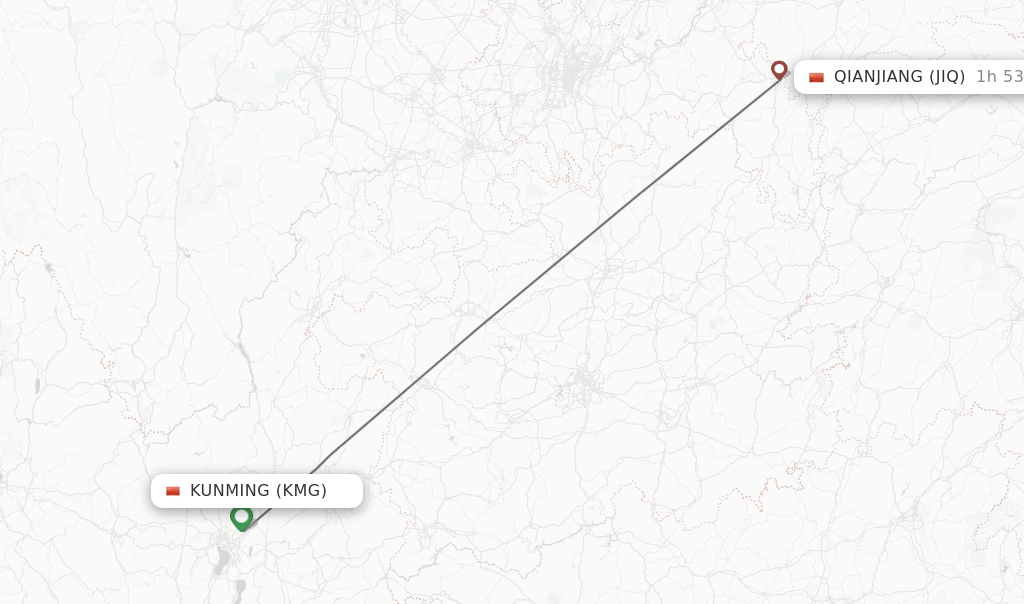 Flights from Kunming to Qianjiang route map