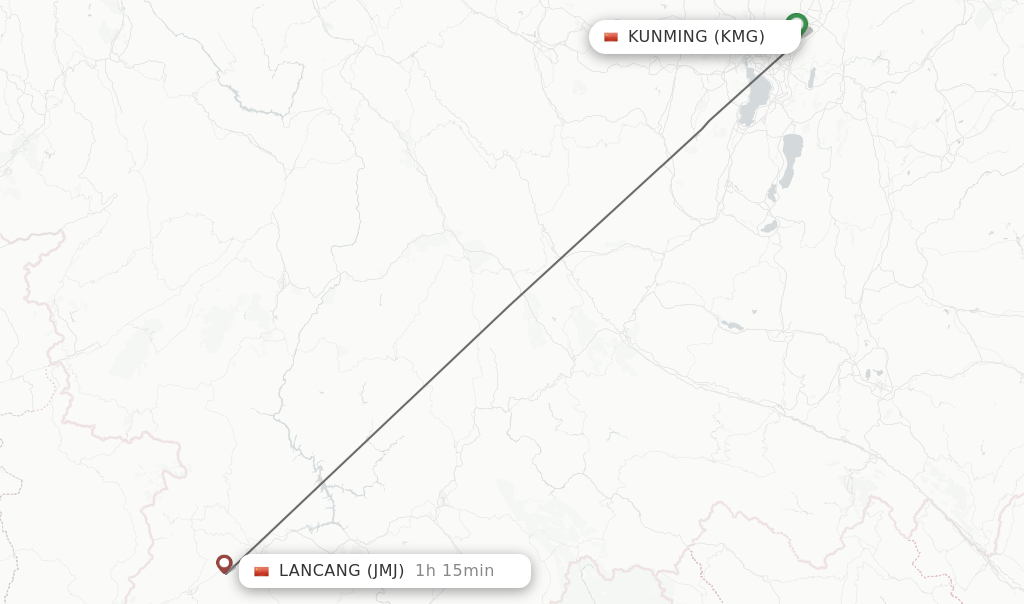 Flights from Kunming to Lancang route map