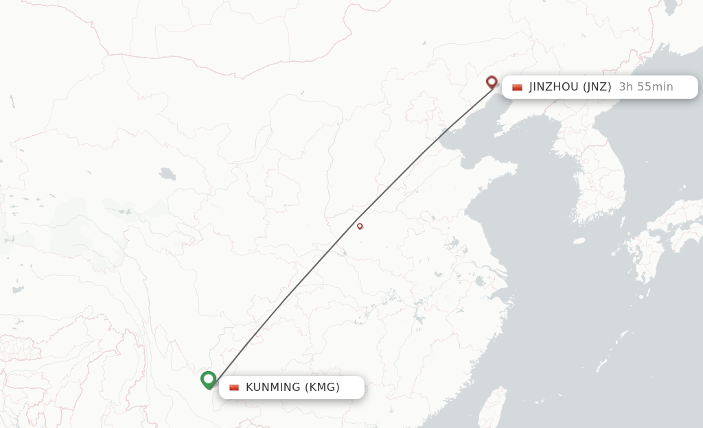 Flights from Kunming to Jinzhou route map
