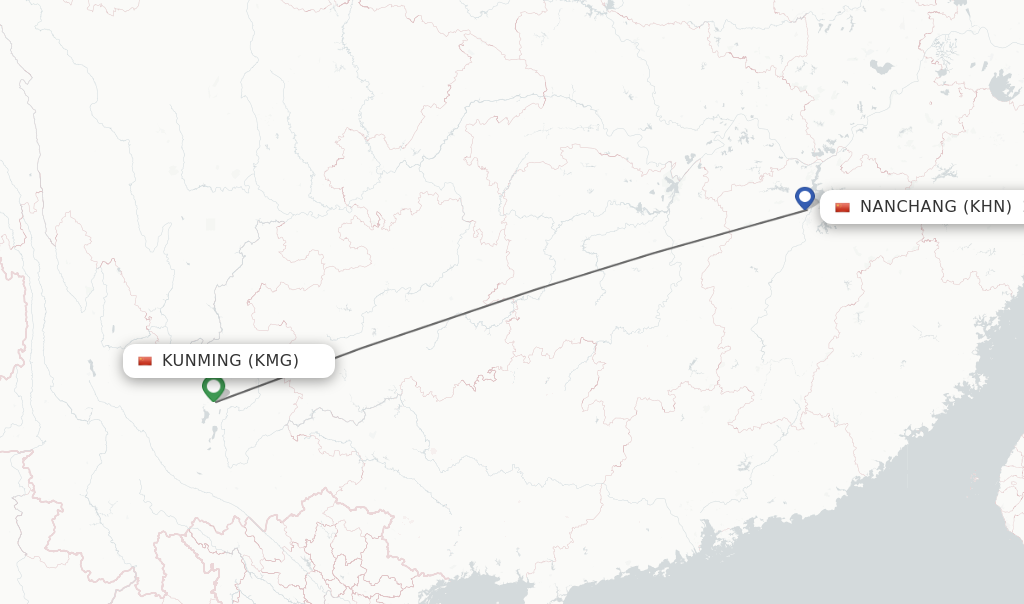 Flights from Kunming to Nanchang route map