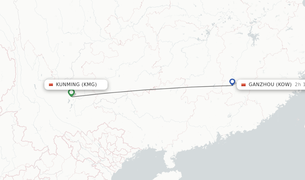 Flights from Kunming to Ganzhou route map