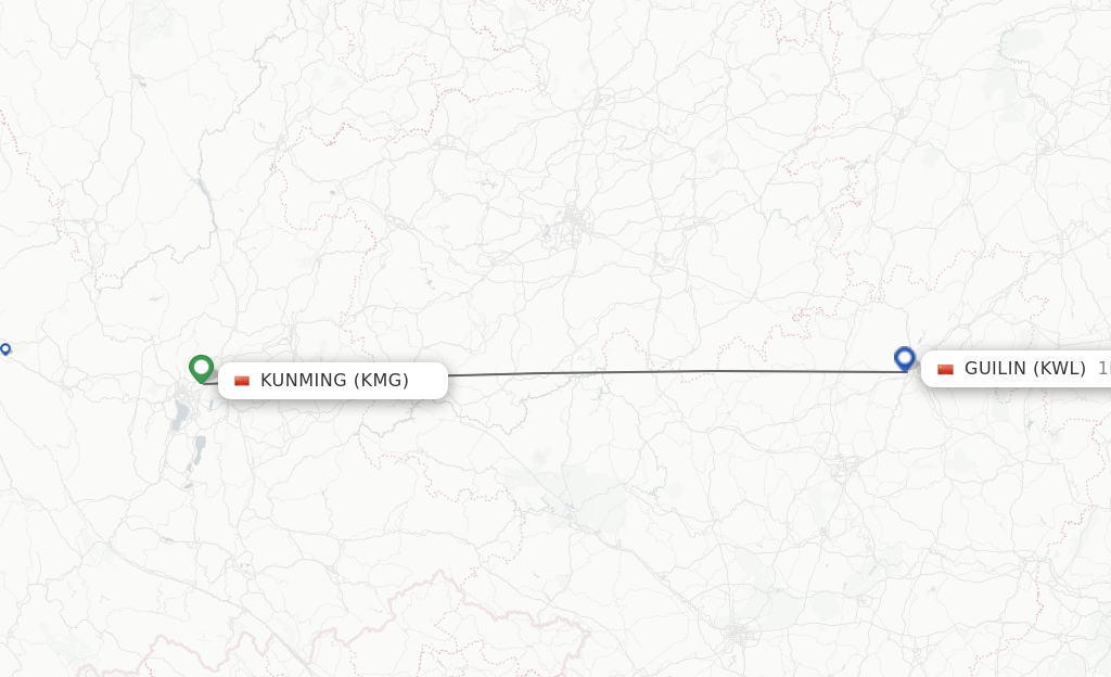 Flights from Kunming to Guilin route map