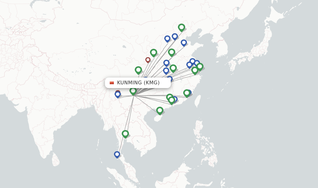 Route map with flights from Kunming with Kunming Airlines