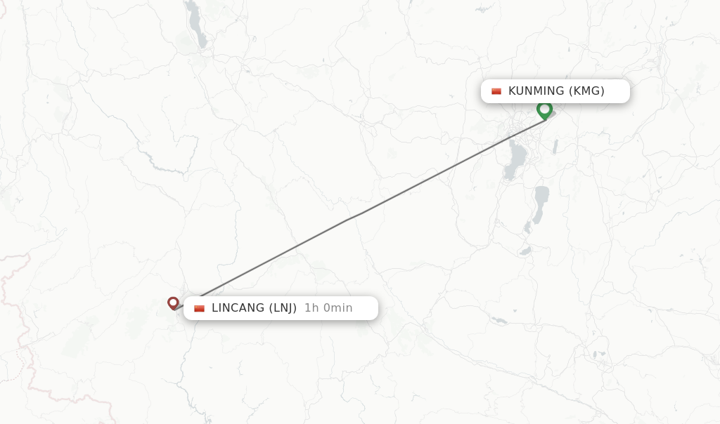 Flights from Kunming to Lincang route map