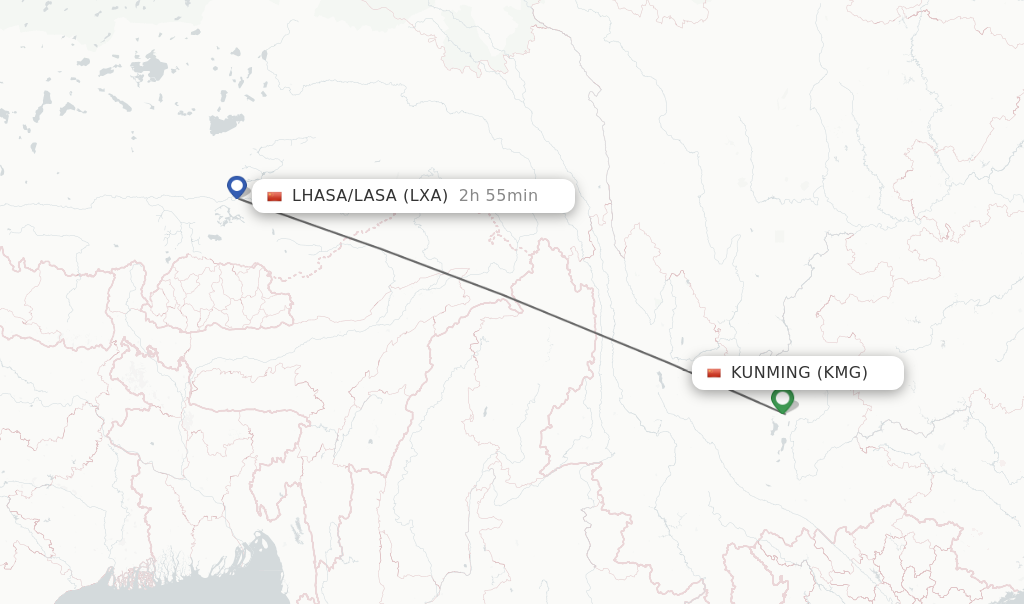 Flights from Kunming to Lhasa/Lasa route map