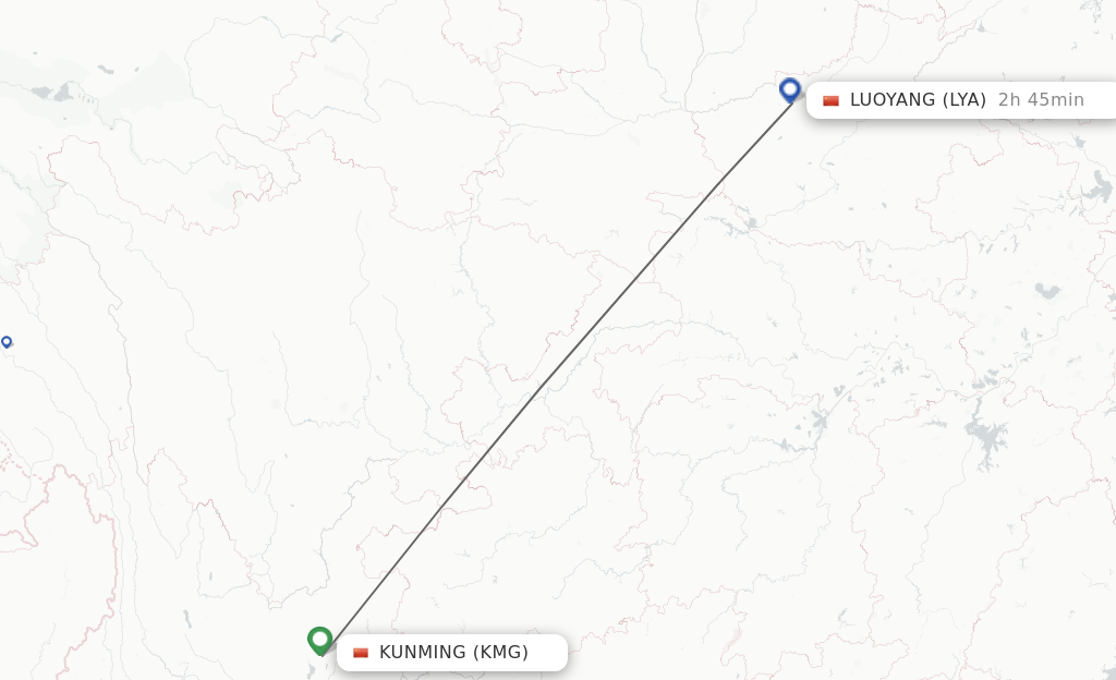 Flights from Kunming to Luoyang route map