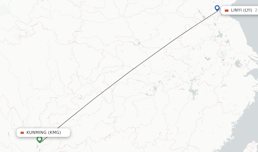 Flights from Kunming to Linyi route map
