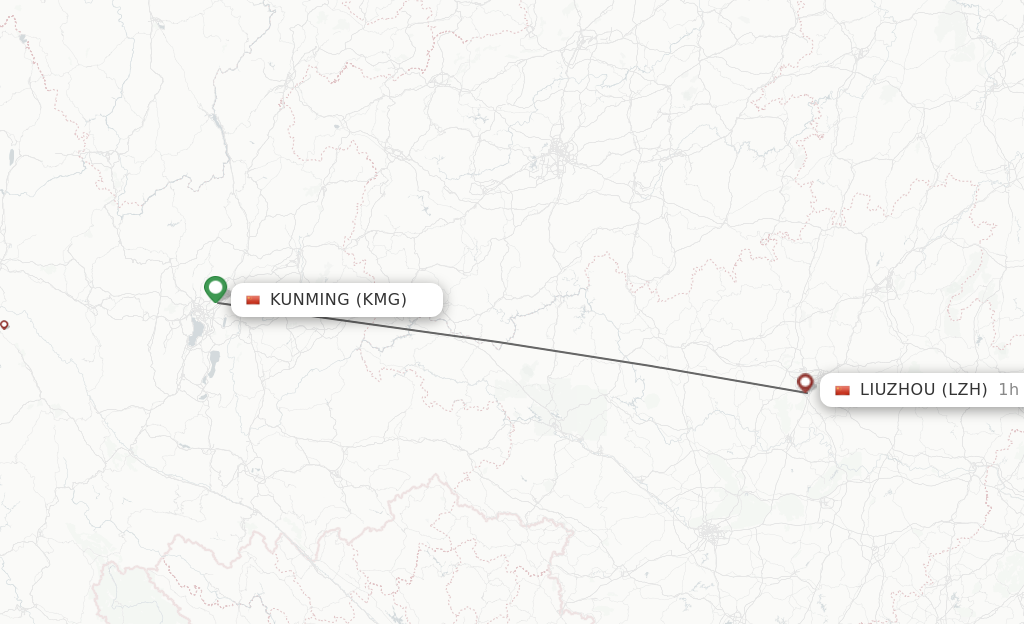 Flights from Kunming to Liuzhou route map