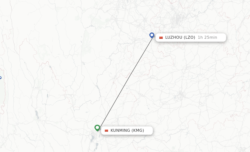 Flights from Kunming to Luzhou route map
