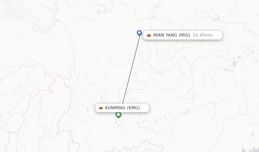 Flights from Kunming to Mian Yang route map