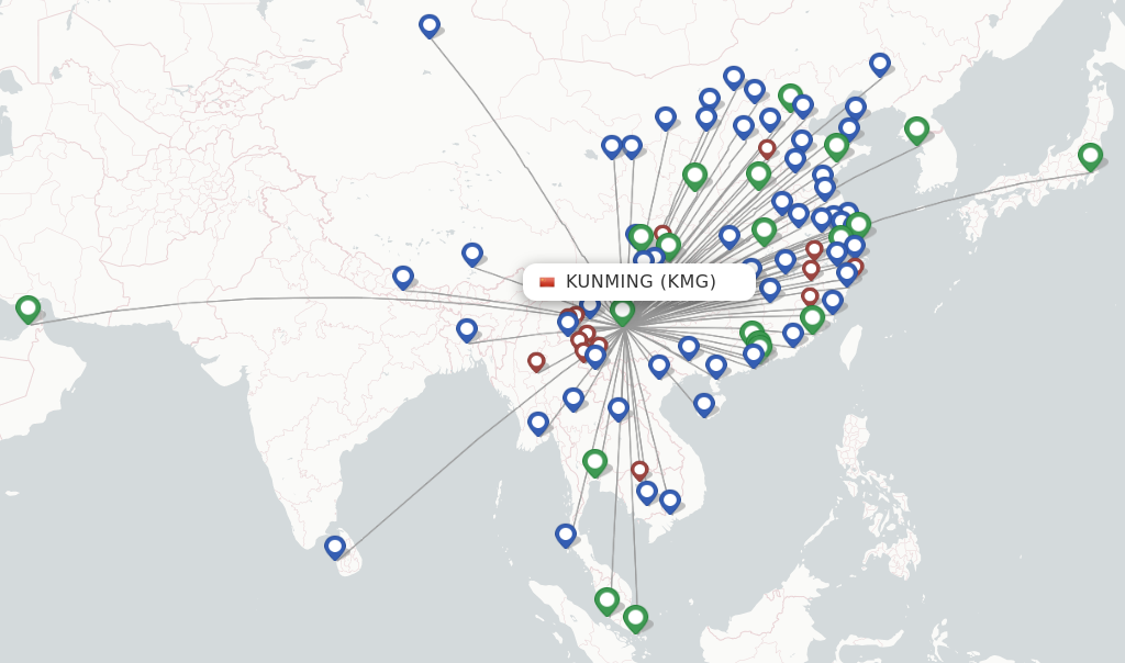 Route map with flights from Kunming with China Eastern