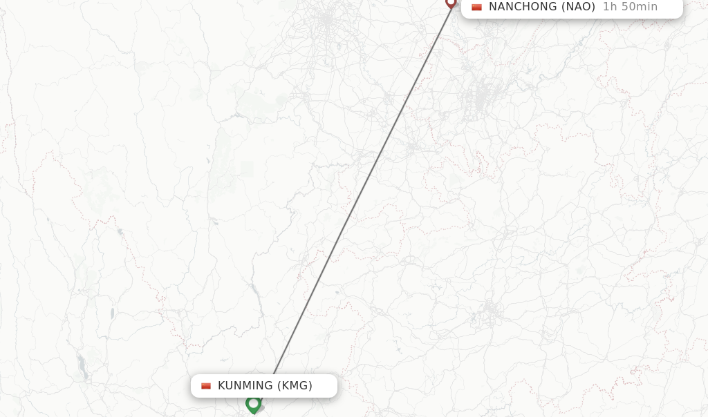 Flights from Kunming to Nanchong route map