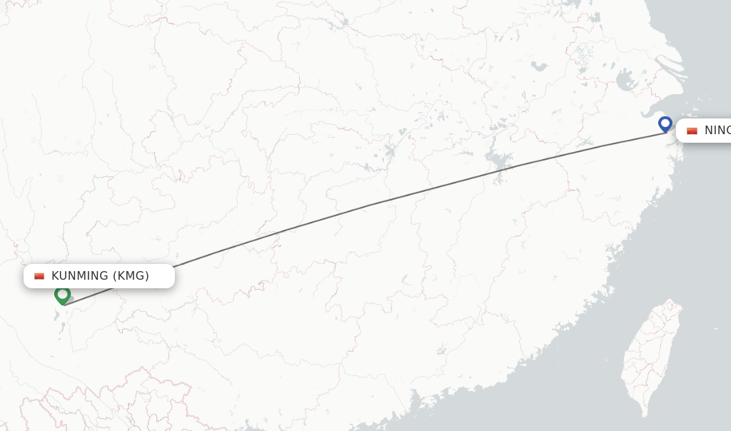 Flights from Kunming to Ningbo route map