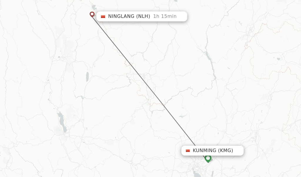 Flights from Kunming to Ninglang route map