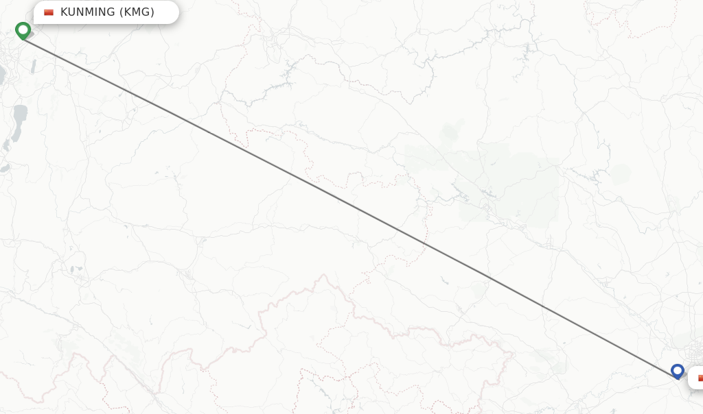 Flights from Kunming to Nanning route map