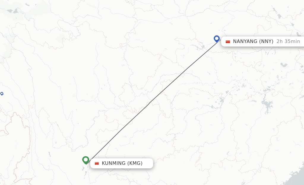Flights from Nanyang to Kunming route map