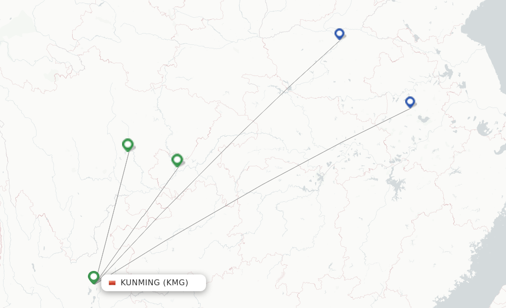 Route map with flights from Kunming with West Air (China)