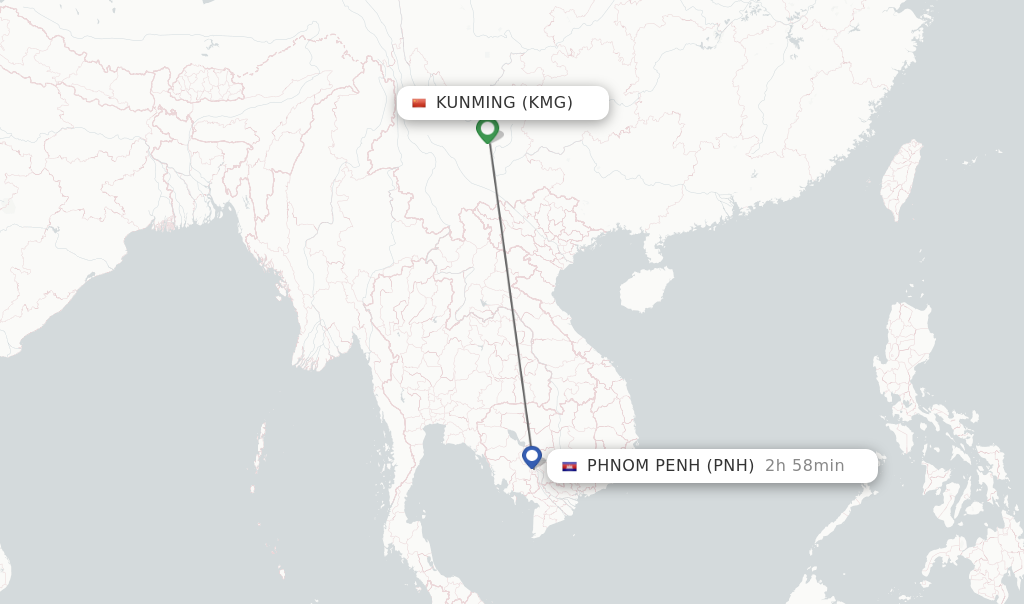 Flights from Kunming to Phnom Penh route map