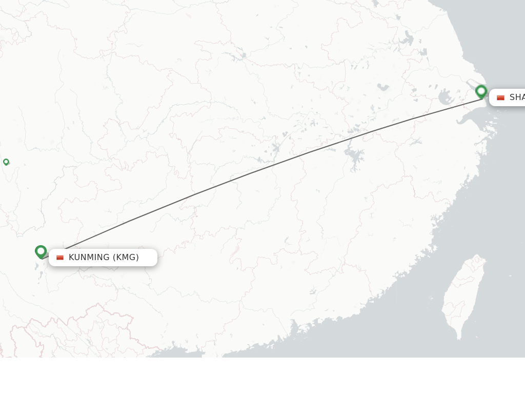 Flights from Kunming to Shanghai route map