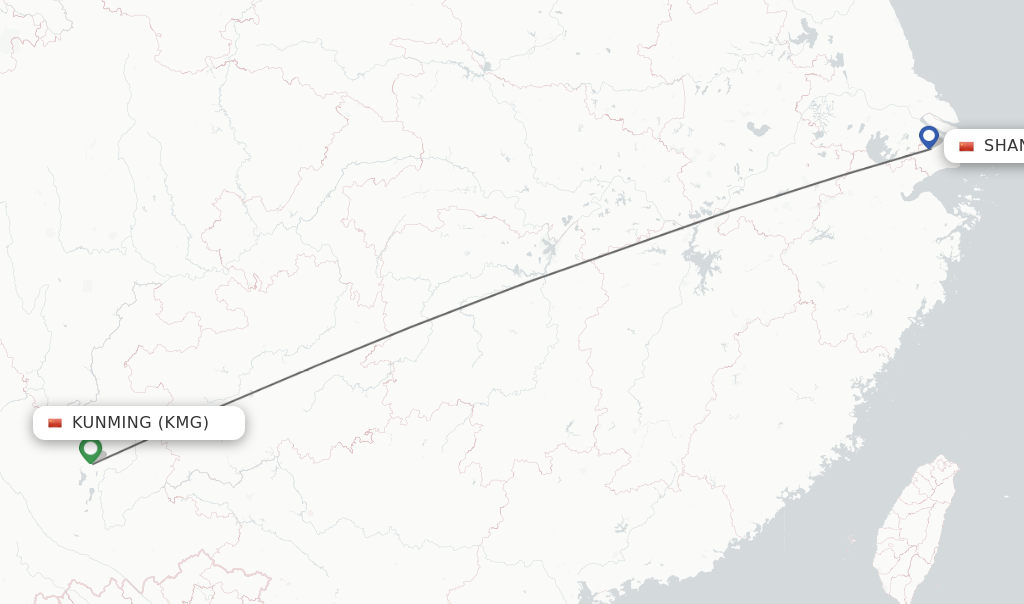 Flights from Kunming to Shanghai route map