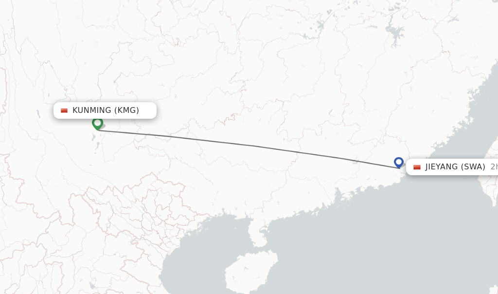 Flights from Kunming to Jieyang route map