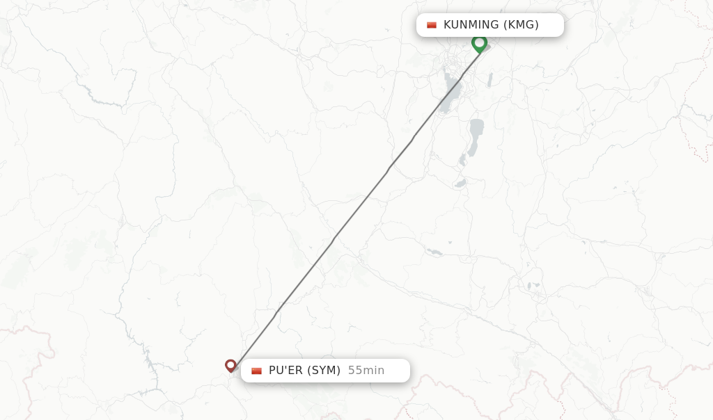 Flights from Kunming to Pu'er route map