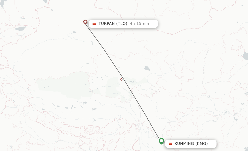 Flights from Kunming to Turpan route map