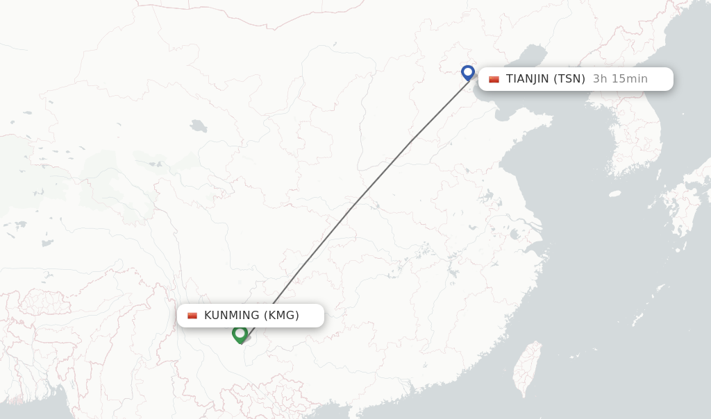 Flights from Kunming to Tianjin route map