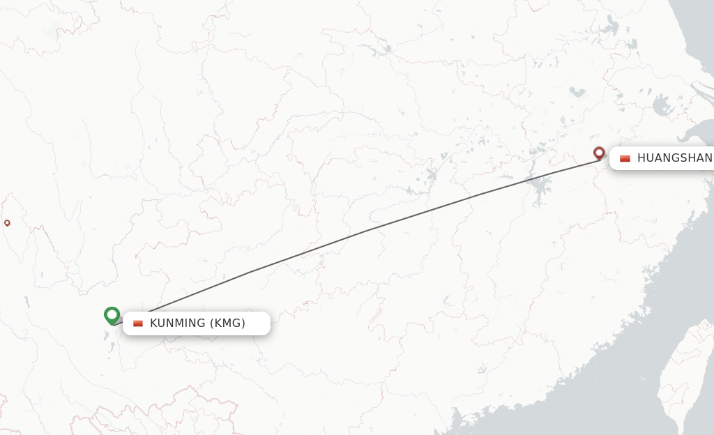 Flights from Kunming to Tunxi route map