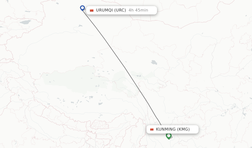 Flights from Kunming to Urumqi route map
