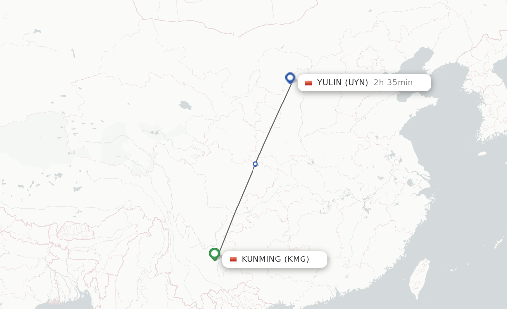 Flights from Kunming to Yulin route map