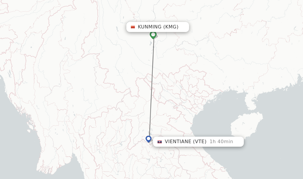 Flights from Kunming to Vientiane route map