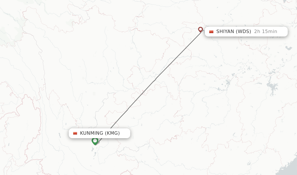Flights from Kunming to Shiyan route map