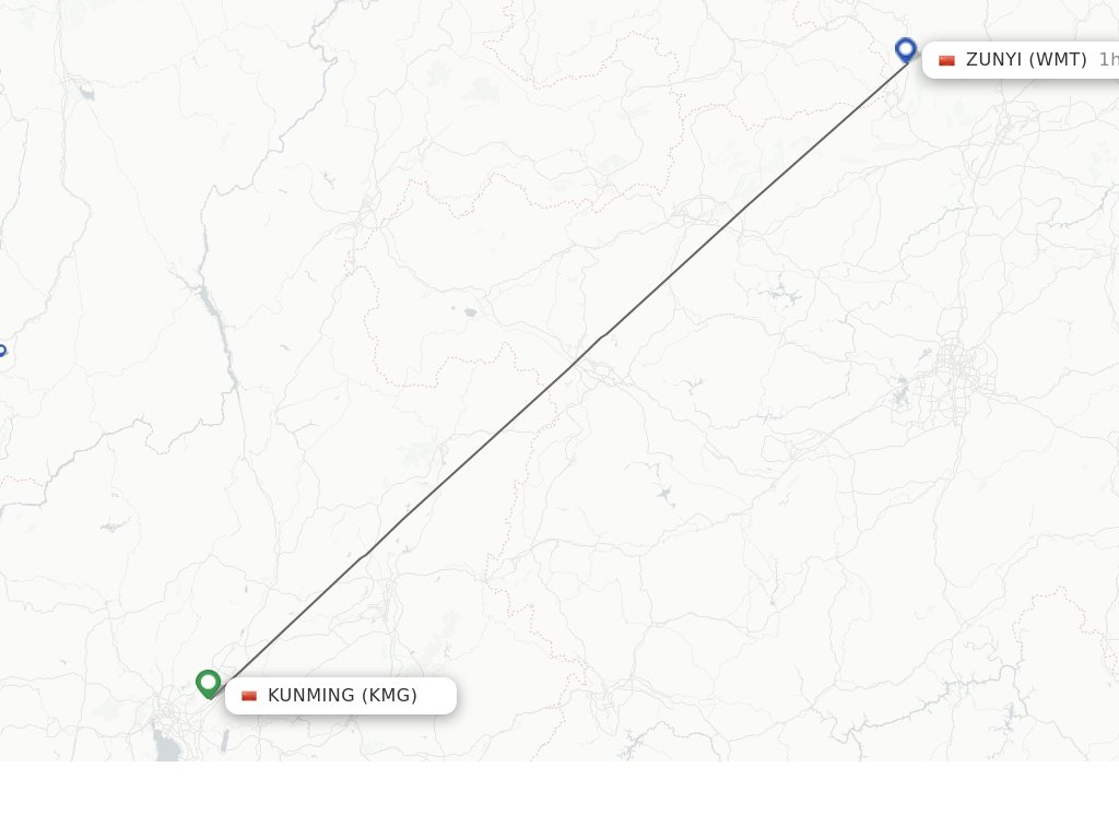 Flights from Kunming to Zunyi route map