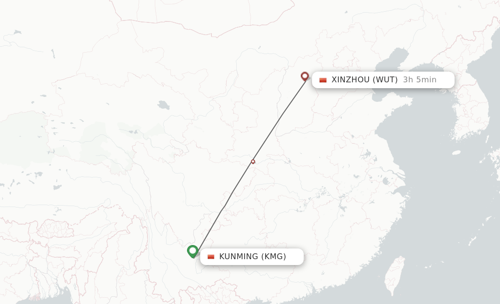 Flights from Kunming to Xinzhou route map
