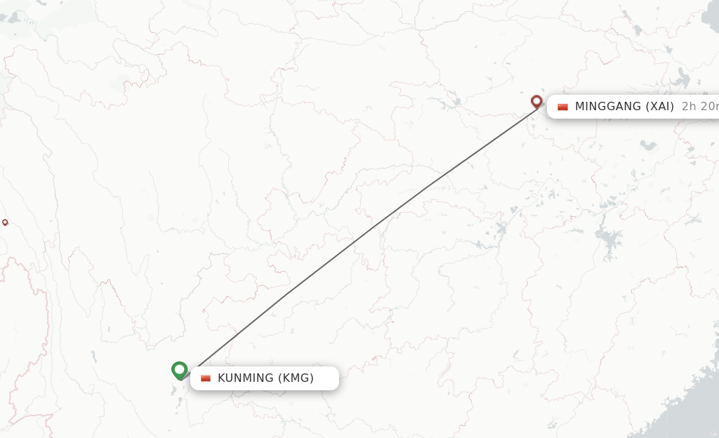 Flights from Kunming to Xinyang route map