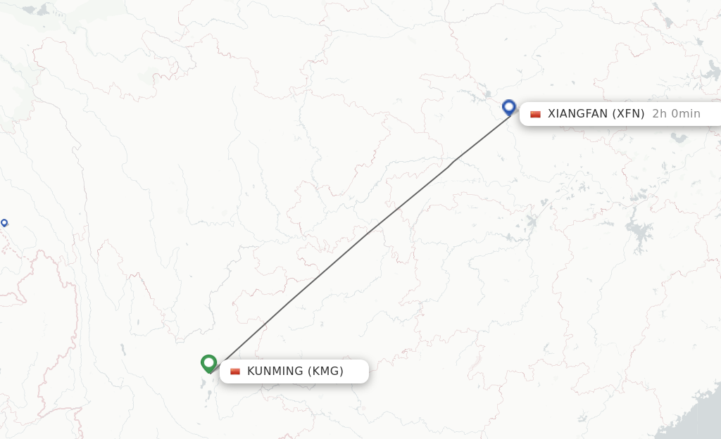 Flights from Kunming to Xiangyang route map