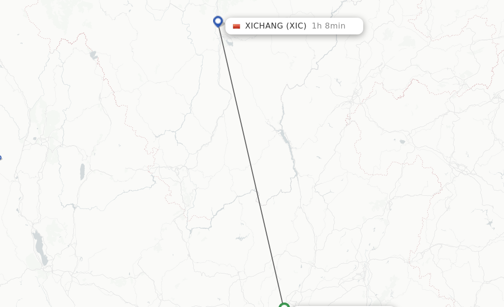 Flights from Kunming to Xichang route map
